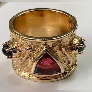 1980s Vtg 14k Gold Emerald Garnet Ornate Band Cuff Ring